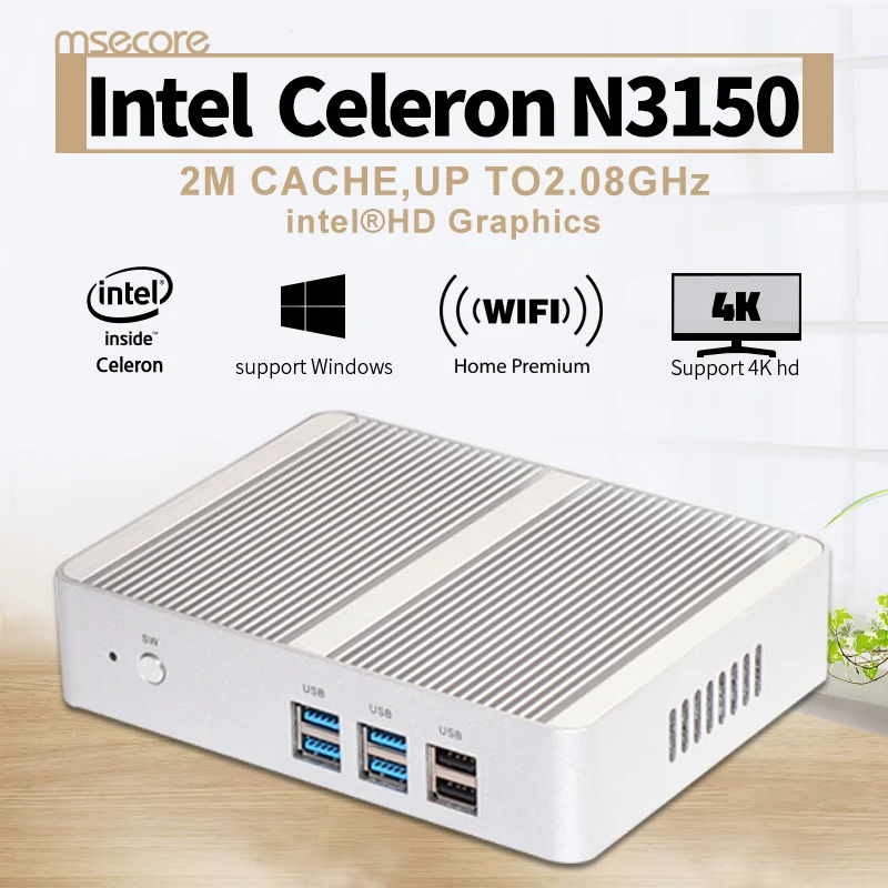 Intel Celeron N3150 Fanless Mini PC Desktop Computer TV BOX Windows 10 Nettop Windows 8 VGA+ HDMI HTPC 4K HD Graphics 4K HD WiFi