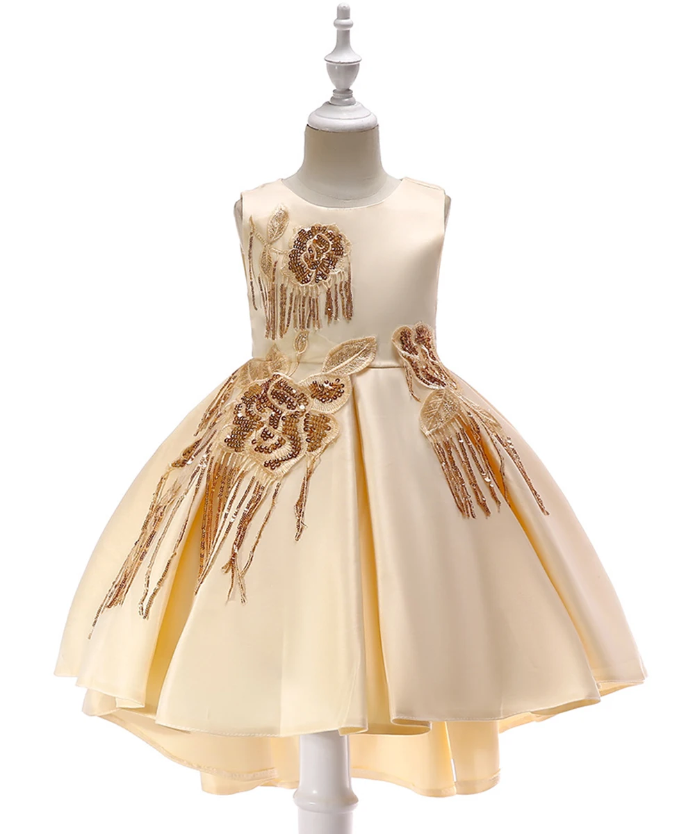 Новое поступление; платье принцессы до колена с цветочным узором для девочек; коллекция года; детское сатиновое бальное платье с блестками и цветами; платья для причастия для девочек