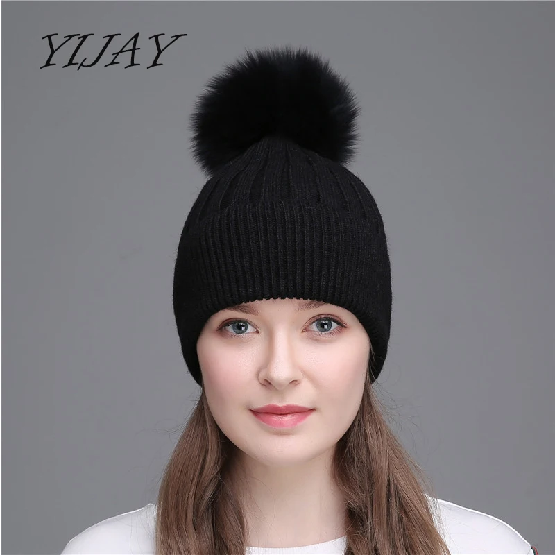

Real fox fur pom poms ball keep warm winter skullies hat for women girl's wool hat knitted beanies cap casual fashion caps