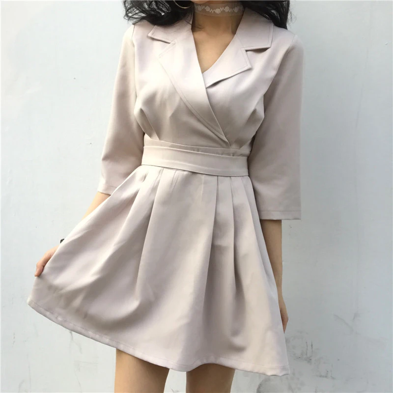 New Summer And Autumn Harbor Style Vintage Chic All-match Female Dress V-Neck Waist Lace Up Half Sleeve Dress Slim Lady Dress 3