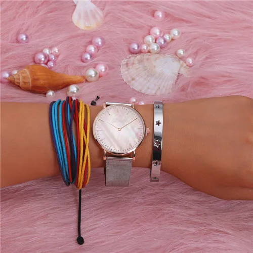 Mavis заяц розовый Seashell сетка жемчужный циферблат наручные часы со звездой браслет и многоцветной браслет из восковой верёвки ручной работы