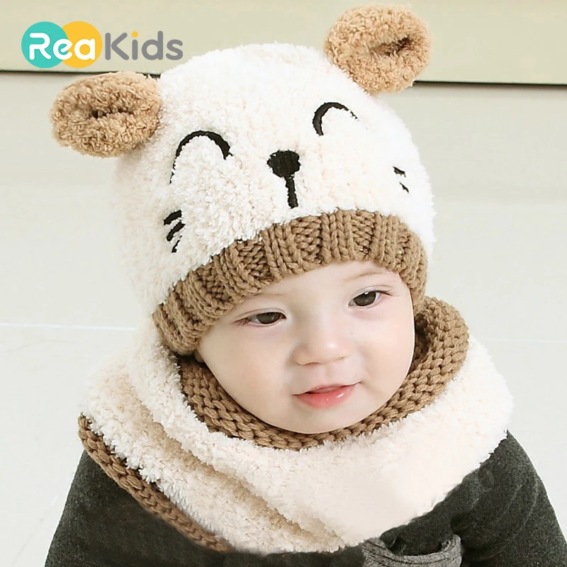 

REAKIDS Cute Infant Baby Hat Girls Boys Warm Cap Winter Ear Cartoon Cotton Children Hat For Kids Knitted Cap Scarf Hat Set