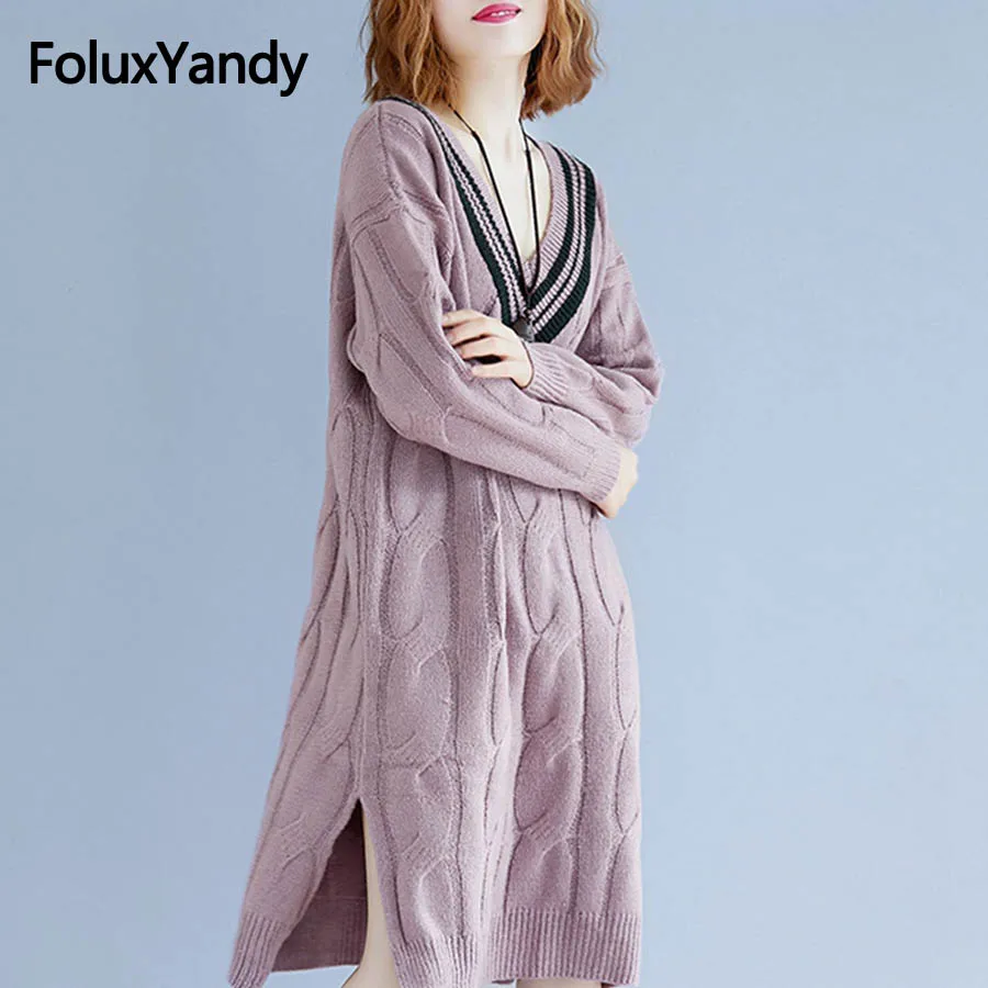 2018 New Autumn Knitted Sweater for Woman Plus Size Loose Striped V-neck Long Sweater Black Pink MMHH722 2018 New Autumn Knitted Sweater for Woman Plus Size Loose Striped V-neck Long Sweater Black Pink MMHH722