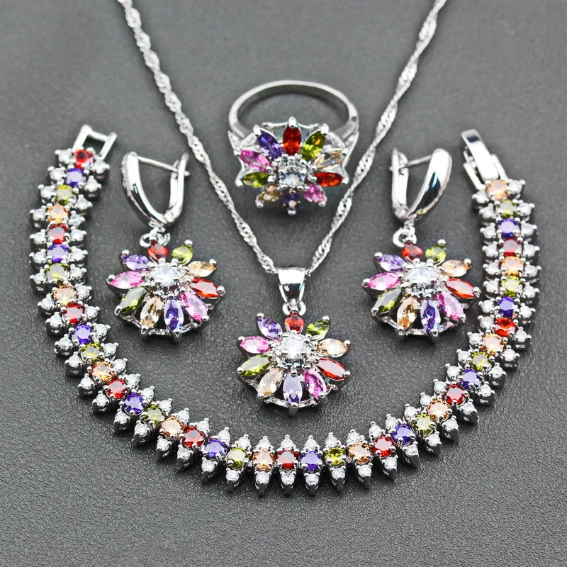 

Princess Bridal Women Flower Jewelry Sets Silver 925 Multicolor Zircon Earrings Ring Necklace Pendant Bracelet Free Gift JS263