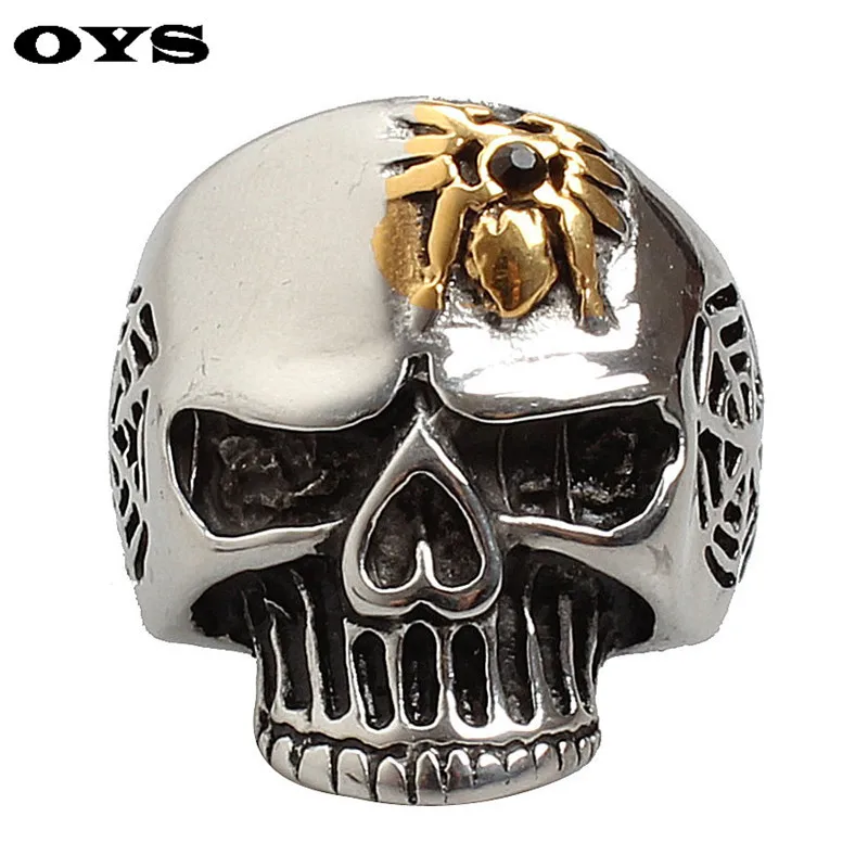 High Polish Big Men’s Ring Gold Spider Skull Gothic Exaggerated Stainless Steel Ring For Men 316L Cool Never Fade Punk Biker