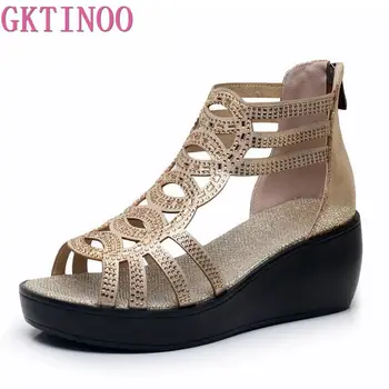 

GKTINOO 2019 Summer Fashion Sandals Open Toe Rhinestone Women Shoes Hollow Out Comfortable High Heels Wedges Female Sandals