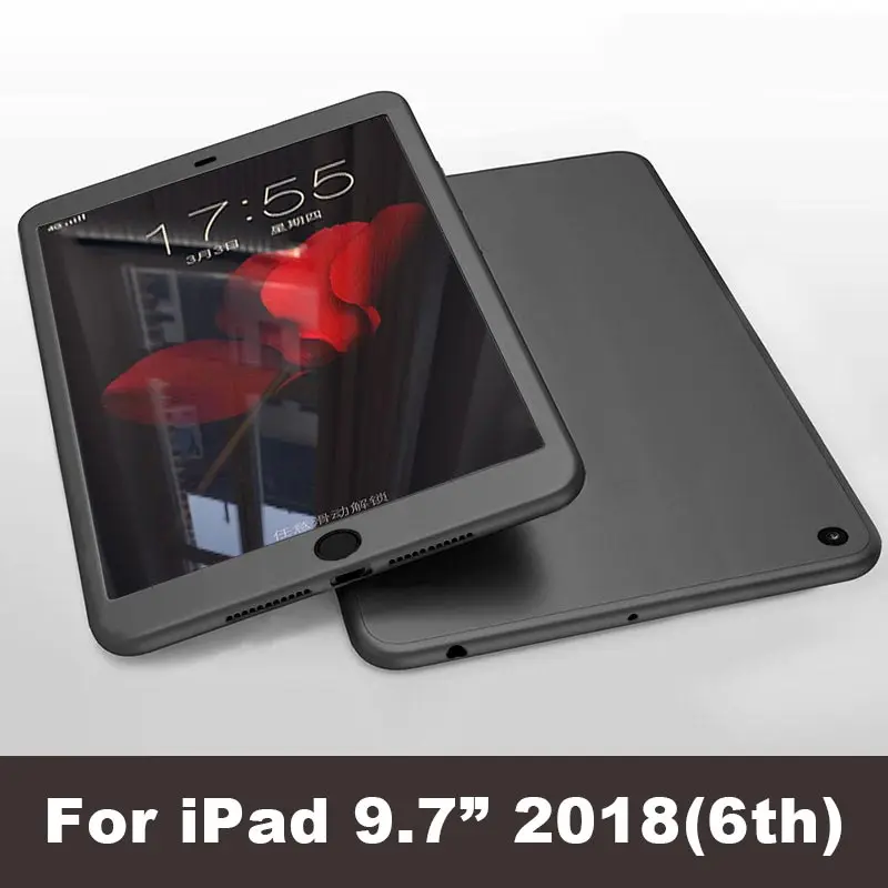 360 Полный Защитный чехол для нового iPad 9,7 5th 6th принципиально Ultra Slim с Стекло силиконовый мягкий чехол для iPad воздуха 2 Чехол - Цвет: For 2018 9.7 Black