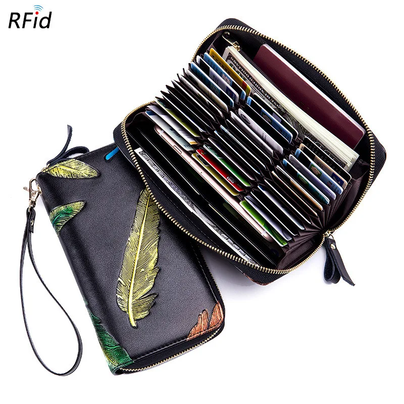

Women Long Wallet Feather Painted Business Credit ID Card Holder Rfid Anti-theft Protect Clutch Money Bag Purse Passport Cover