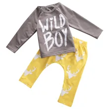 Комплект детской одежды из 2 предметов для новорожденных, одежда для маленьких мальчиков футболка с принтом «дикий мальчик» топ+ штаны, комплект для малышей