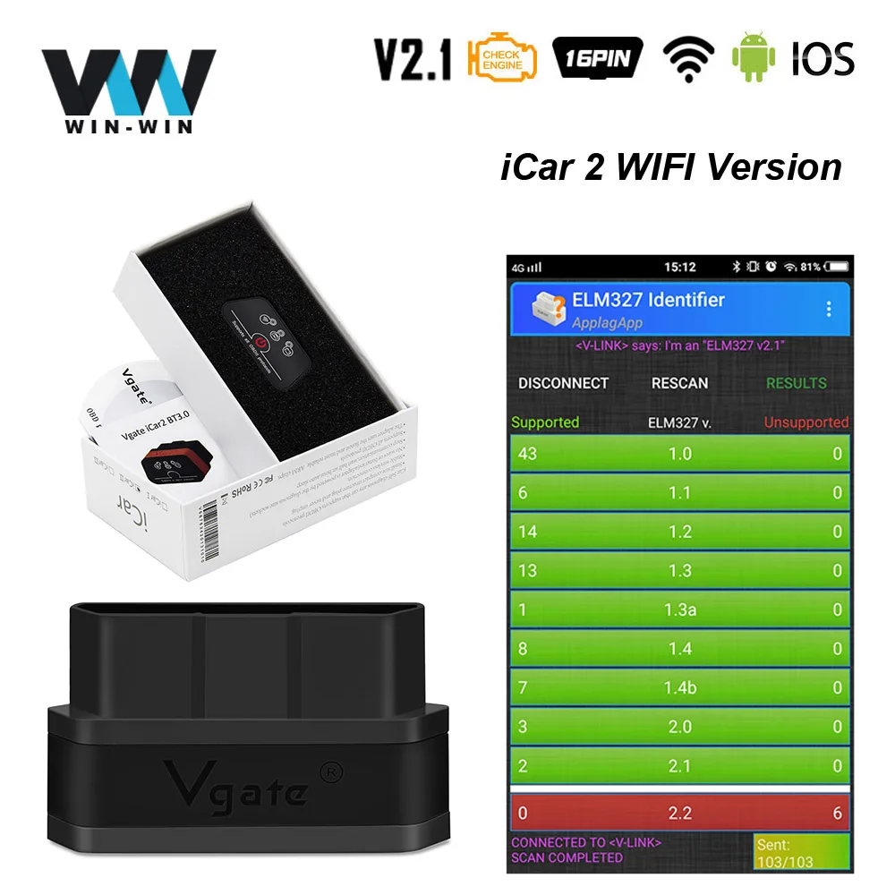

ELM327 V2.1 Vgate iCar2 obd2 wifi scanner Car Diagnostic Tool auto Scanner Automotriz iCar 2 easydiag VS Elm 327 V1.5 WI-FI