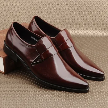 

Pointed Toe Man Formal Wedding Oxfords Shoes Slip On 2018 Yellow Wine Red Black Men Dress Real Leather Derby Martin Sapatos