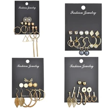 Ailodo 6 Pcs/Set Simple Fashion Earrings Set For Women Girls Gold Color Geometric Round Triangle Femme Earrings Bijoux LD131