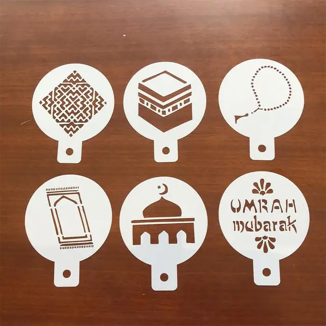 Best Offers 6pcs Cappuccino Coffee Art  Arabic Ramadan Theme Stencils Template Strew Flowers Pad Duster Spray for Coffee Decoration