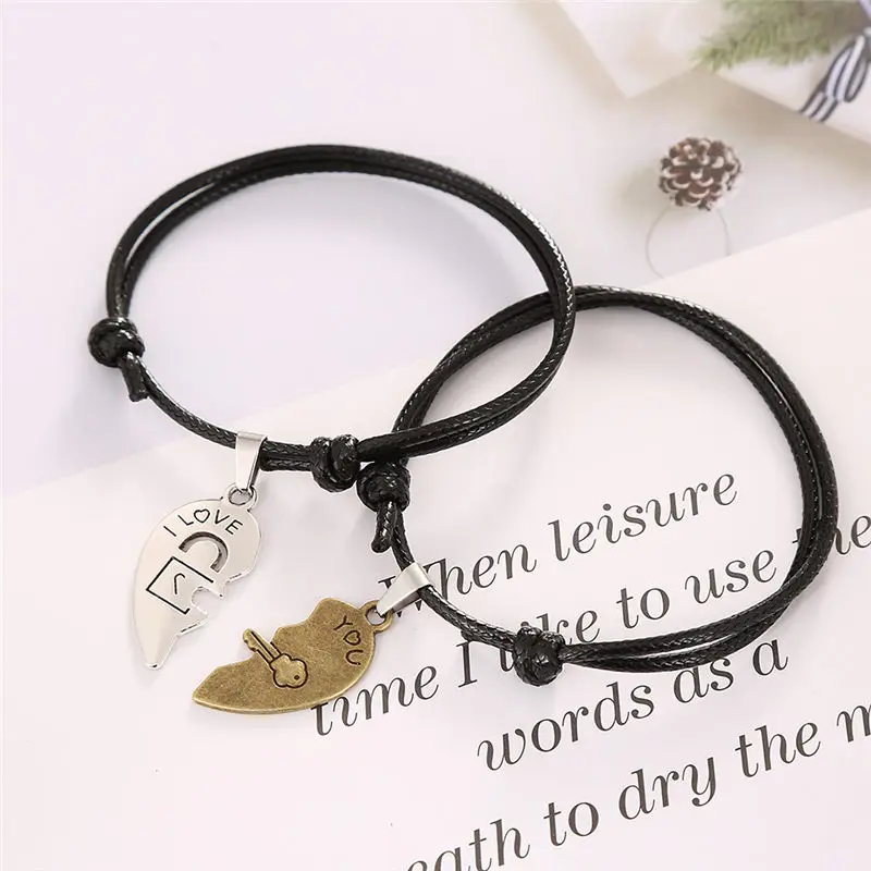 

2pcs/set, New Design Bronze and Silver Two Halves Heart Stitching Couple Bracelet for Women and Men Rope Chain Paired Bracelets