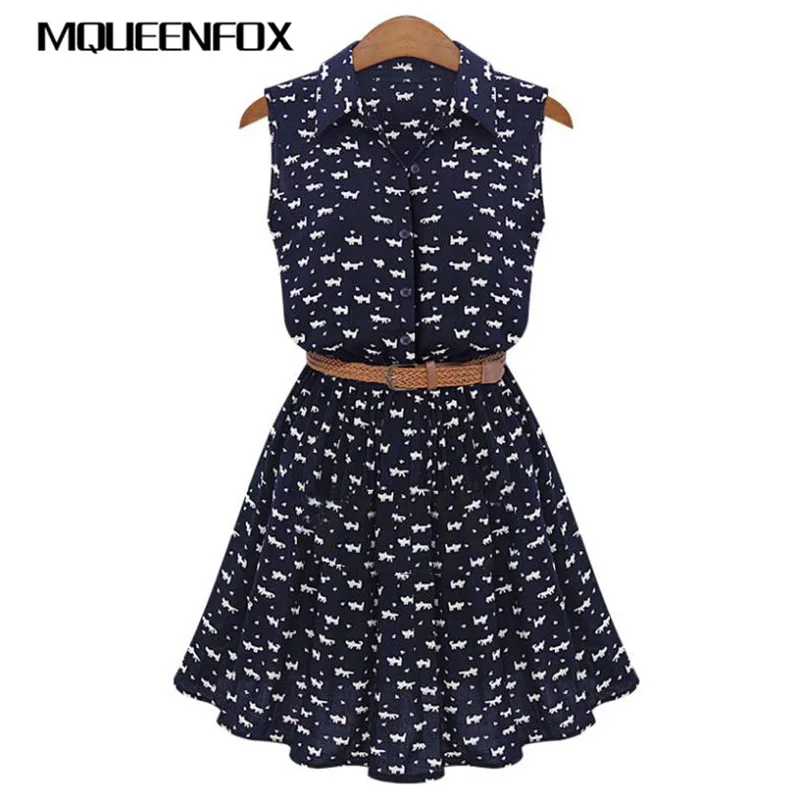MQUEENFOX женское тонкое платье-рубашка с рисунком кошачьих следов дизайн летние платья с поясом женские рубашки платье - Цвет: dark blue