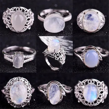 

HFANCYW Natural Blue Moonstone Ring Genuine 925 Silver Inlay Gemstone Fashion Female Reiki Crystal Ring Valentine's Day Gifts