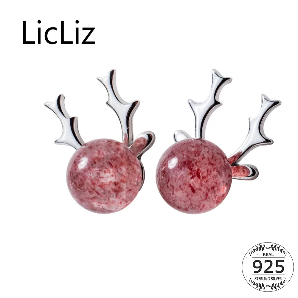 

LicLiz New 925 Sterling Silver Strawberry Quartz Antlers Stud Earrings for Women Cute Pink Animal Jewelry Little Deers LE0474