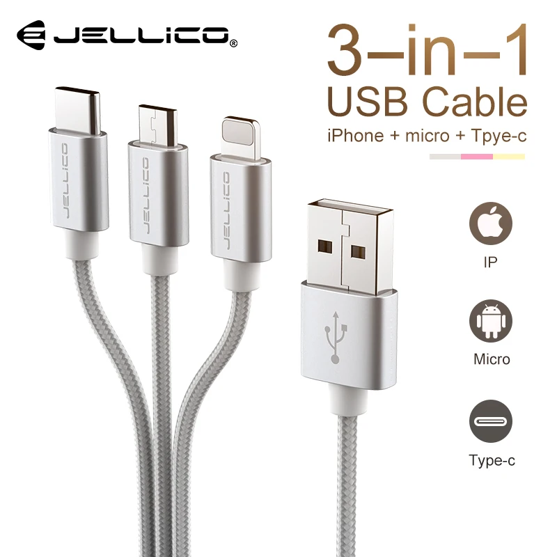 Jellico 3 في 1 الهاتف المحمول USB نوع C كابل المصغّر USB كابل ل فون باد كابل شحن سامسونج USB C ل iOS 12 11 10 9