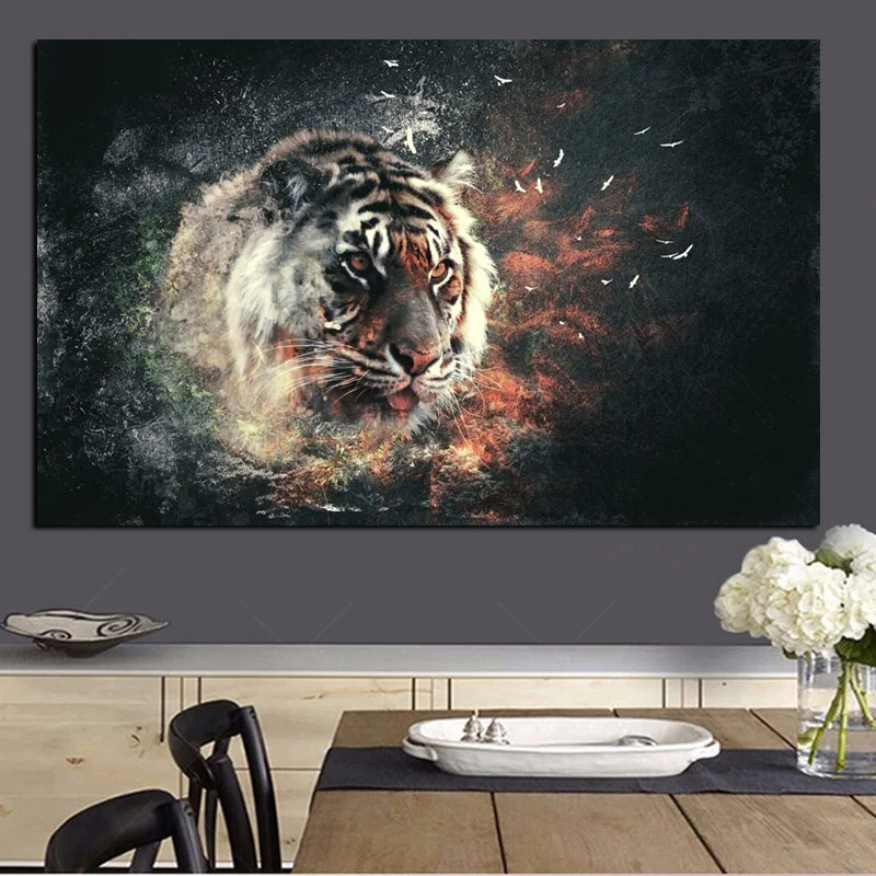 HD Print 3D Tiger in Fire Animals Oil Painting on Canvas Pop Art Modern Wall Picture for Living Room Poster Sofa Cudros Decor