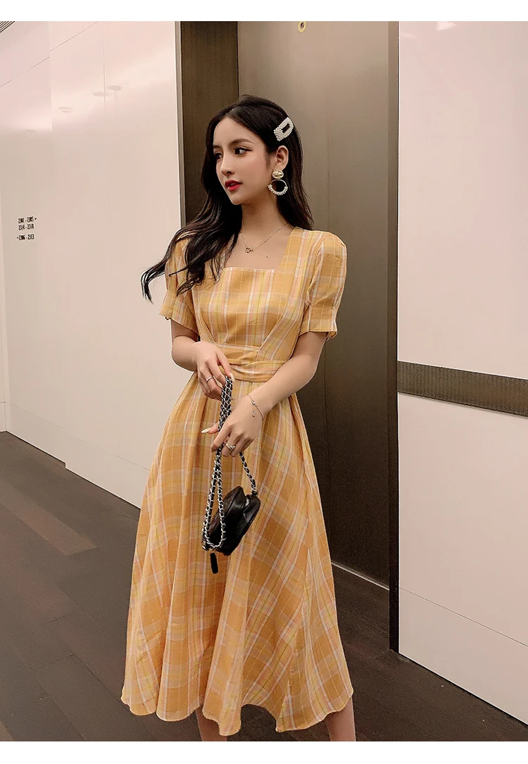 New French retro square collar plaid short sleeved ribbon dress summer waist woman A word big dress dress belt various methods