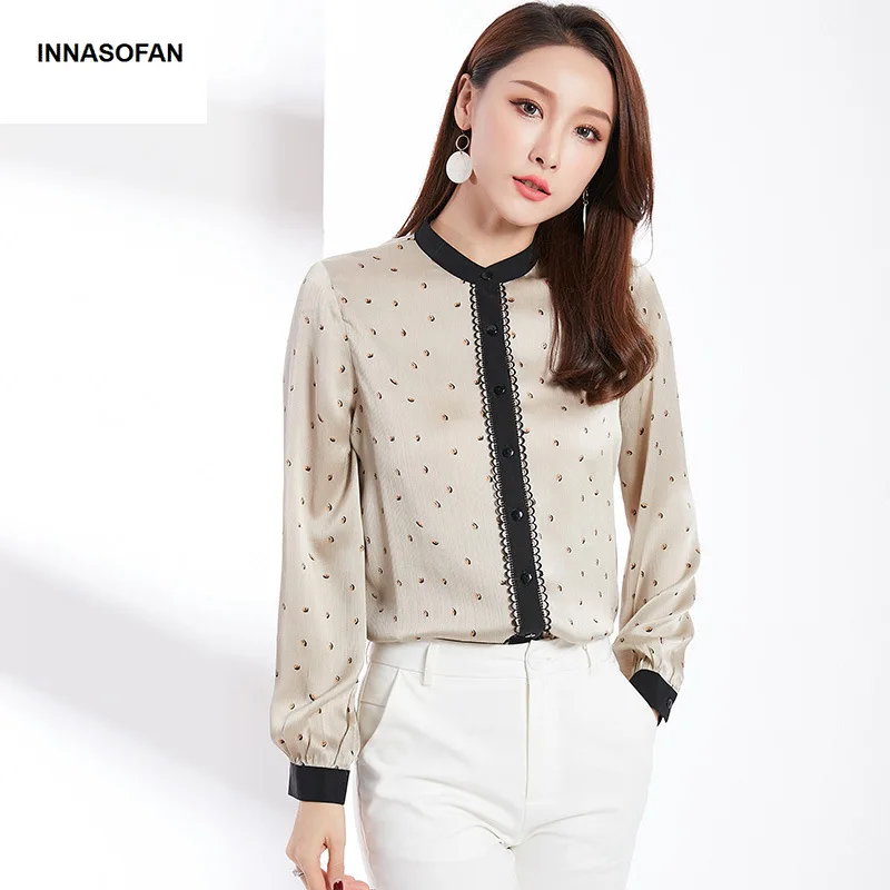 

INNASOFAN OL Women's shirt Spring-summer chiffon blouse Euro-American fashionable chic long-sleeved shirt and dots print