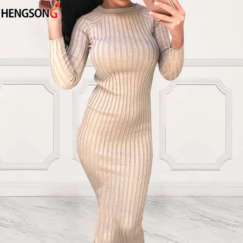 

2018 Fashion O Neck Long Sleeve Knitted Autumn Dress Elastic Elegant Bright Silk Bodycon Mid Dresses Vestidos