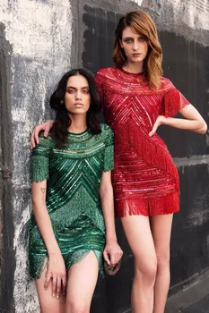 

2019 Mini Dress Sexy Celebrity Mesh Red Flare Sequined Women Beading Short Tassel Night Club Body con Party Dresses Wholesale