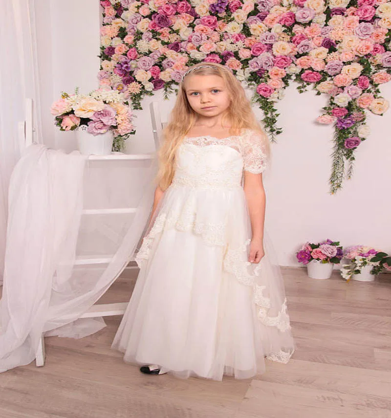 Short Sleeve Mother Daughter Dresses Lace Rustic Flower Girl Dress Ankle Length Holy Communion 
