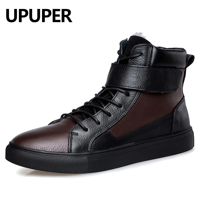 

Size 37~48 Genuine Leather Winter Boots Men Keep Warm Plush Men's Ankle Boots Natural Leather Flat Snow Boots For Male Brown