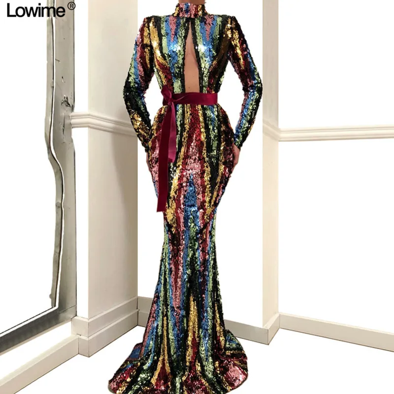Специальный дизайн длинные сверкающие платья для выпускного вечера платье-Русалка с длинным рукавом с высоким вырезом Вечерние платья Robe De Soiree Abendkleider