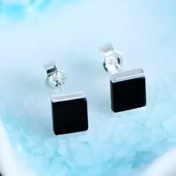 

925 Sterling Silver Jewelry Natural Black Agate Stud Earrings For Women Simple Flat Vintage Retro Thai Silver Square Shape