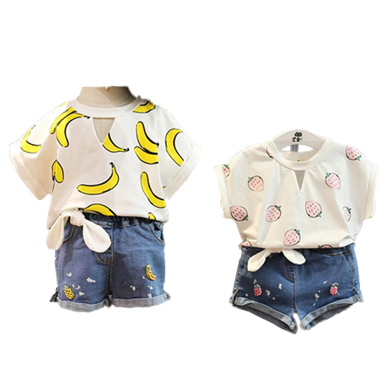 

Brand New Toddler Kids Baby Girls Clothes Sets 2PCS Fruit strawberry banana Print Short sleeve t-shirt Tops+Denim Shorts