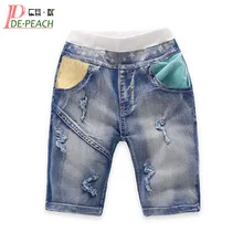 Де-персикового цвета на лето для маленьких мальчиков укороченные штаны джинсы с эластичной резинкой на талии, Детские хлопковые джинсовые шорты до колен брюки для мальчиков из хлопка и полиэфира детей Костюмы