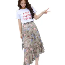 Юбки в стиле бохо летние шикарные Стильные с оборкой, с высокой посадкой Цветочные женские модные длинные юбки нерегулярные шифоновые юбки Femme Jupe