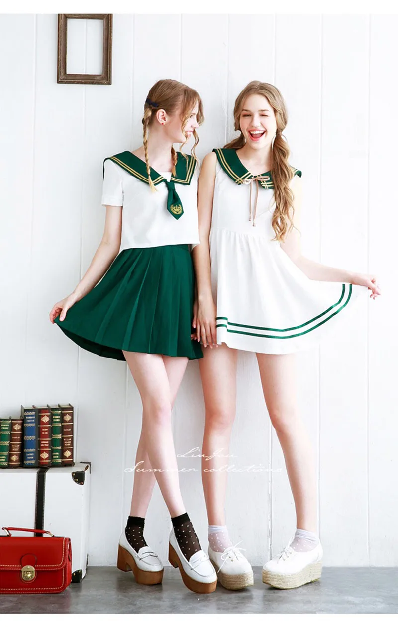 Для девочек-подростков, японский Корейская школьная в стиле японской школьницы форма сладкий 2 шт./компл. плиссированная юбка блузка матросский костюм зеленые костюмы для Для женщин XL