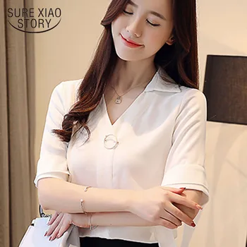 

Women tops and blouses 2019 ladies tops blouses shirts blouse V-Neck Solid white shirts cool short sleeve shirt blusas 3394 50
