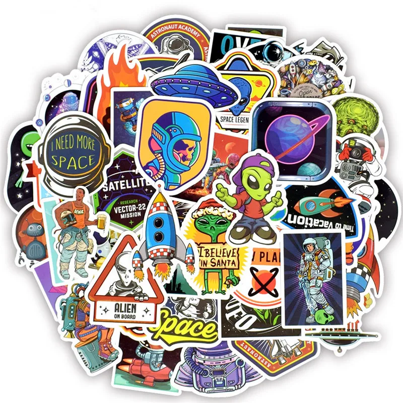 

50 Pcs/set Outer Space ET UFO Astronaut Rocket Ship Stickers for Pad Phone Case Laptop Car Skateboard Helmet Bicycle Suitcase