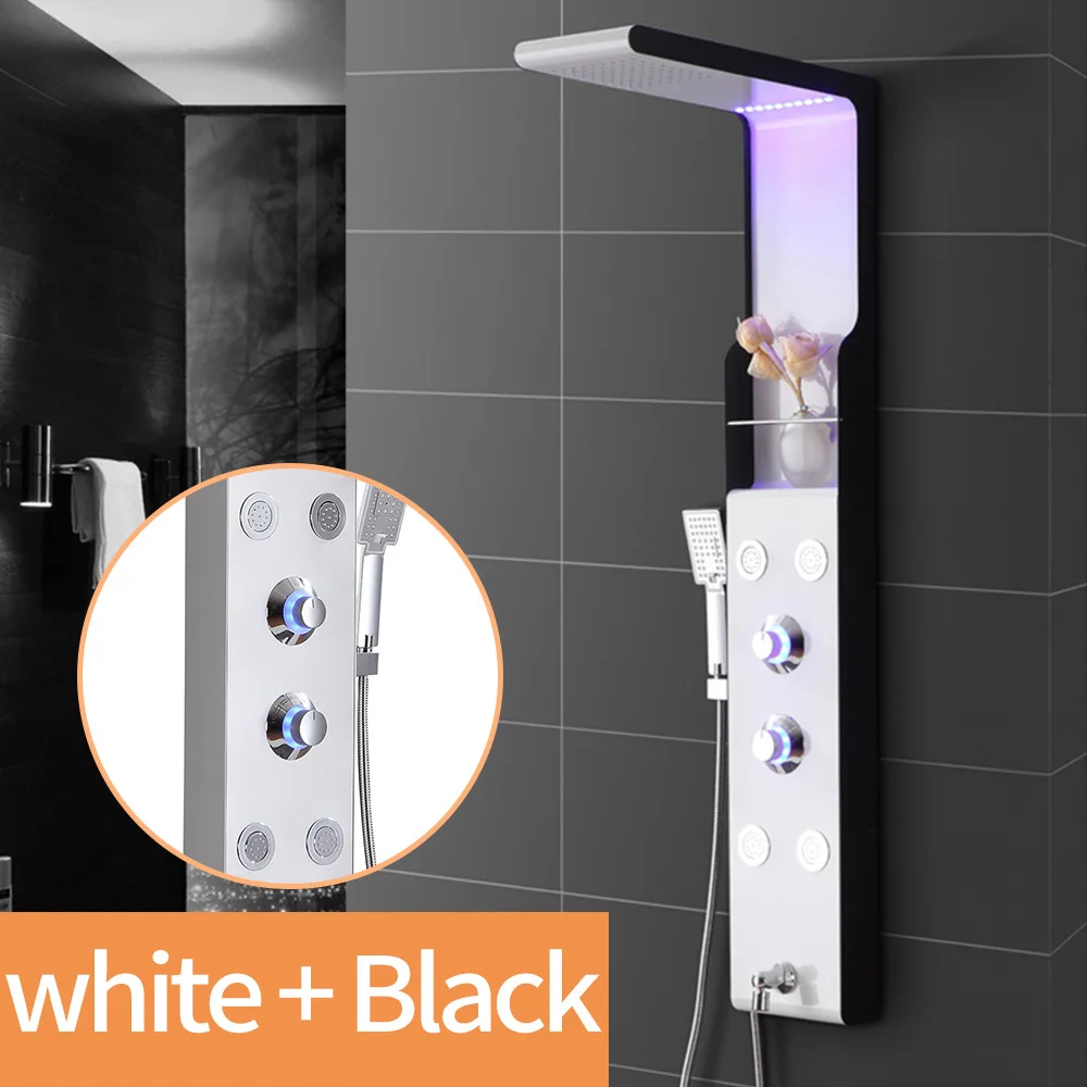 white with black Настенная душевая панель из нержавеющей стали, 4 функции, водопад, дождевые массажные струи, душевой набор с ручкой, светодиодный душ - Цвет: white with black
