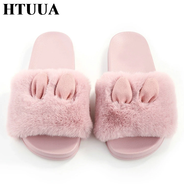 

HTUUA Fluffy Fur Slippers Women Cute Rabbit Ears Furry Slides Cozy Ladies Shoes Slip On Flat Platform Plush Home Slipper SX1727