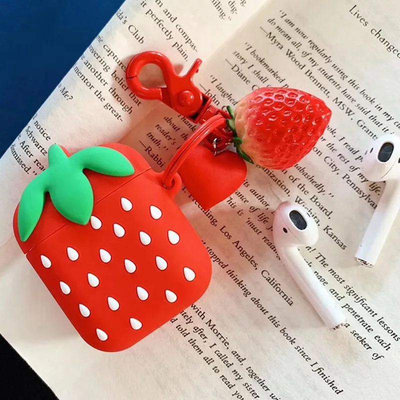 Soft Silicone Case Earphones For Apple Airpods Bluetooth Wireless Earphone Protective Skin Cover Box Strawberry Pattern Keychain