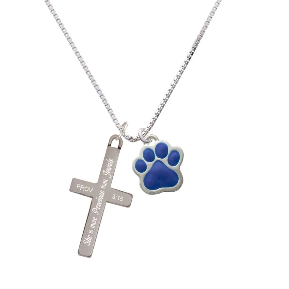 Large Royal Blue Paw - She is More Precious - Cross Necklace
