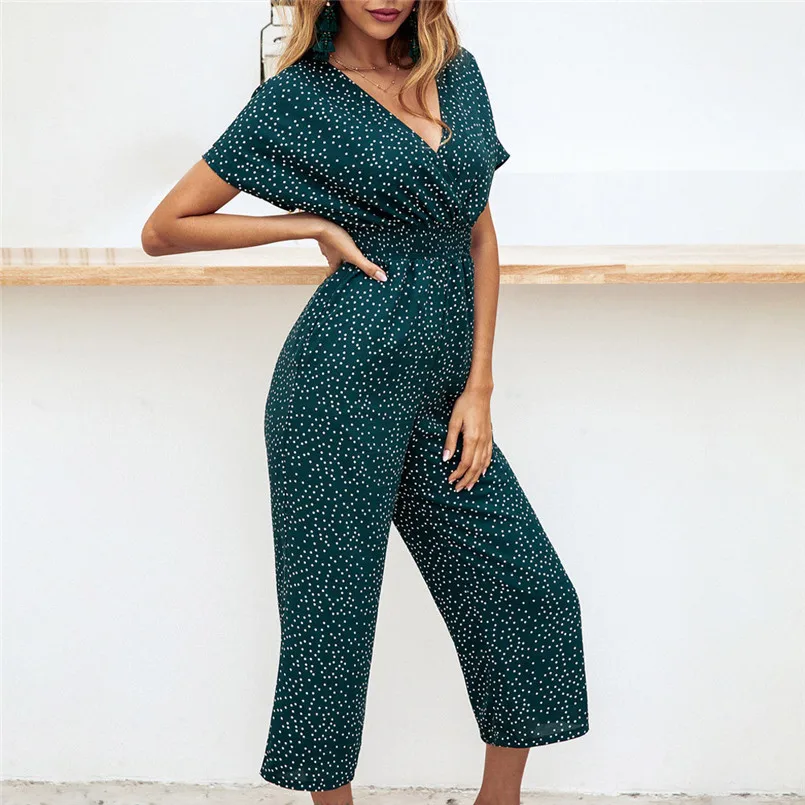 New Fashion Women Summer Sexy V Neck Short Sleeve Dot Printing Romper Jumpsuits Playsuit Office Elegant Lady Boho Jumpsuit #4R08 (2)