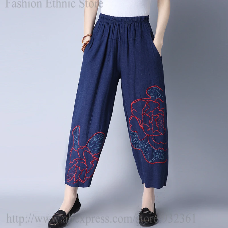 Women's Retro Big Floral Embroidery Wide Leg Harem Pants Loose Casual Trousers Spring Summer Slacks 2019 pantalon femme | Женская