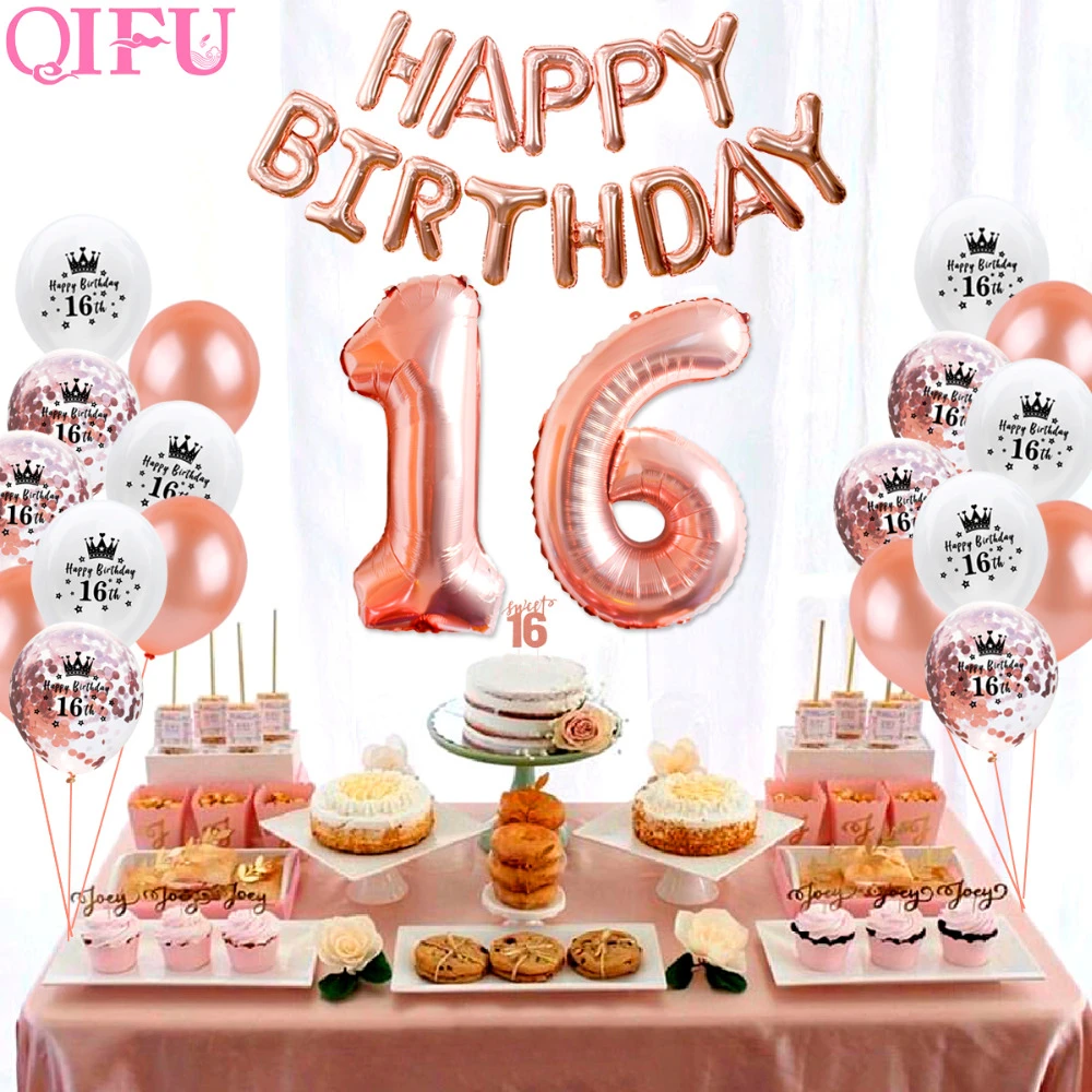 Qifu Sweet 16 Rose Gold Party Table Decoration Happy Birthday Party Decorations Kids Adult 18th Birthday Party Favors Supplies Party Diy Decorations Aliexpress