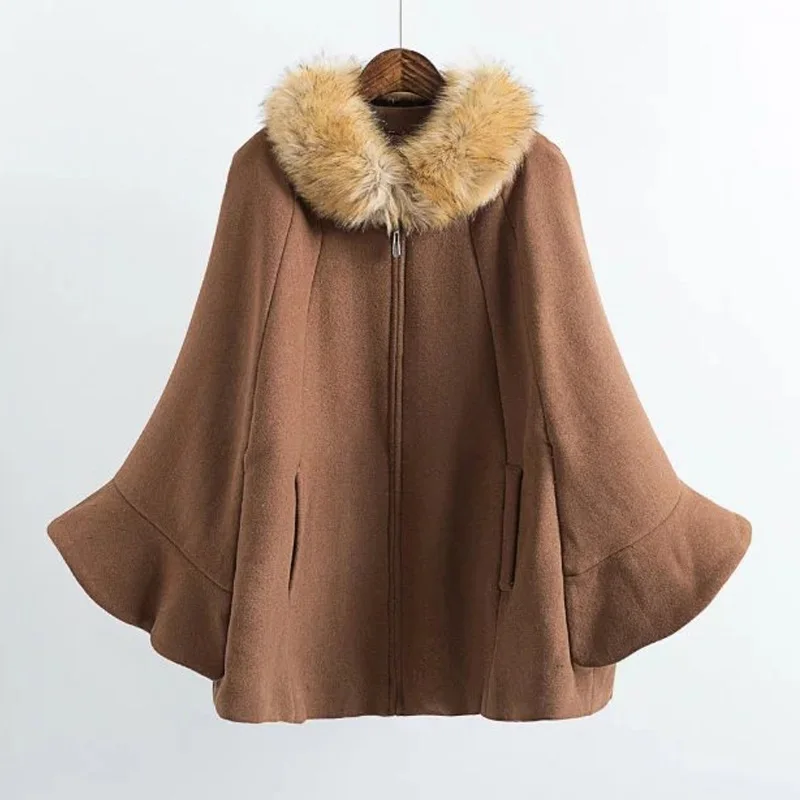Women's Poncho Coat Faux Fur Hooded Long Sleeve Wool Blend Winter Cape Coat  - Wool & Blends - AliExpress