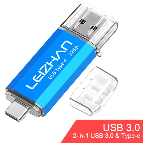 LEIZHAN USB C флеш-накопитель 256 ГБ TYPE-C Флешка USB 3,0 для samsung S10 S9 S8 флеш-накопитель 16 ГБ 32 ГБ 64 ГБ 128 ГБ флешка - Цвет: Type c-USB 3.0-Blue