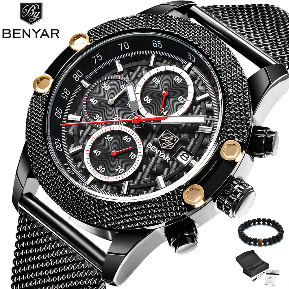 

BENYAR Mens Watches Top Brand Luxury Fashion Black Steel Mesh Band Men's Military Sport WristWatch Men Quartz relogio masculino