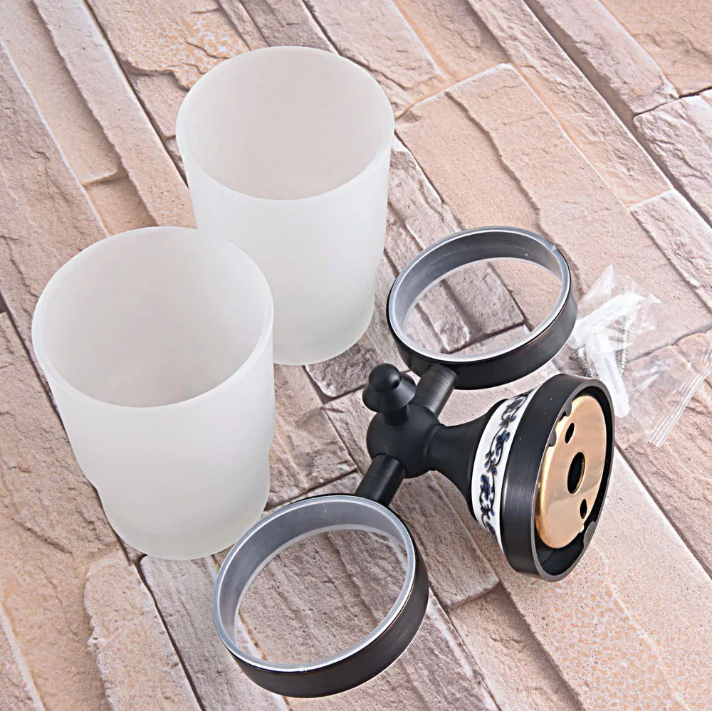 Wall Mounted Black Oil Rubbed Brass Bathroom Toothbrush Holder Set Bathroom Accessory Dual rosted Glass Cup mba765