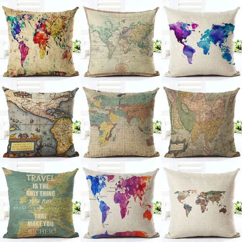 

Shabby Chic World Map Printing Cushion Covers Colorful Graffiti Geometric Linen Throw Pillow Case on Couch Sofa Home Decorative