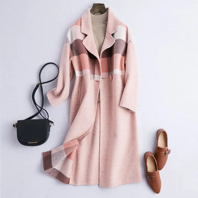 

Winter100% Wool Coat Women 2019 Double-faced Wool Coats Autumn Vintage Long lattice Wool Jacket Women Overcoat casaco feminino